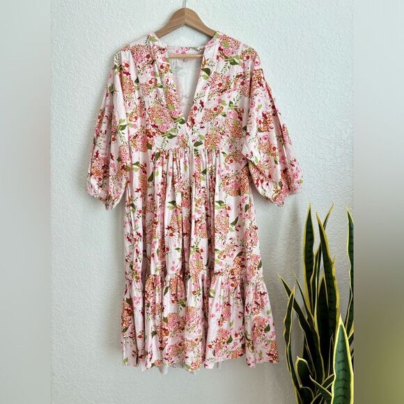 byTiMo Pink Floral Puff Elbow Sleeve Flowy Midi Dress Size Small - Picture 1 of 4
